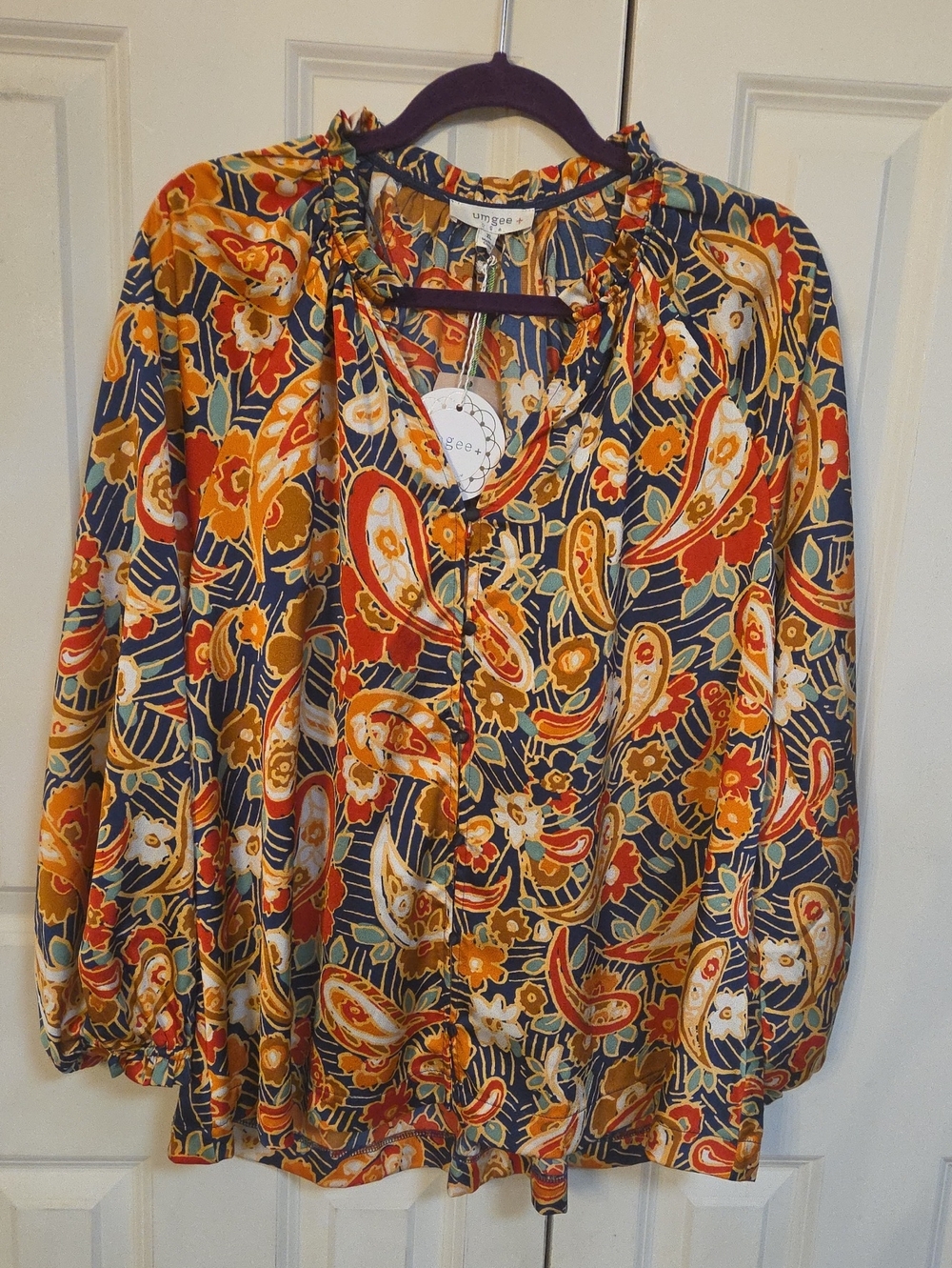 Umgee Navy Multicolor Paisley Floral Peasant Blouse